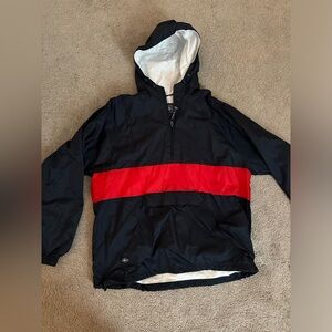NAVY AND RED STRIPED RAIN JACKET WIT HOOD!!